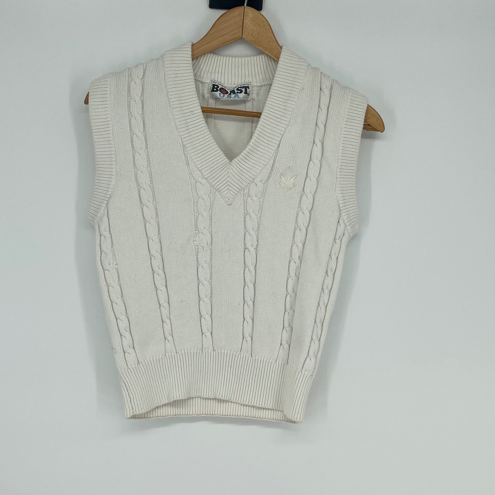Vintage BOAST USA Cream Cable Knit V Neck Sleeveless Vest Sweater Top Women's S‎